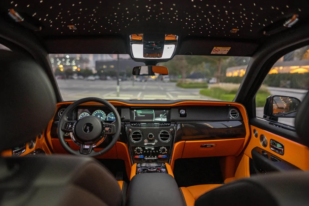 Interior Rolls Royce Cullinan 2021 rental Dubai with luxury cabin