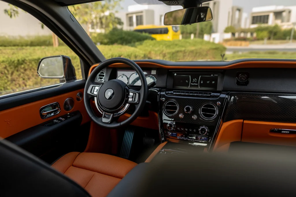 Interior Rolls Royce Cullinan 2021 rental Dubai with luxury cabin