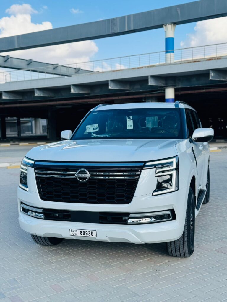 Nissan Patrol White rental Dubai front angle luxury SUV