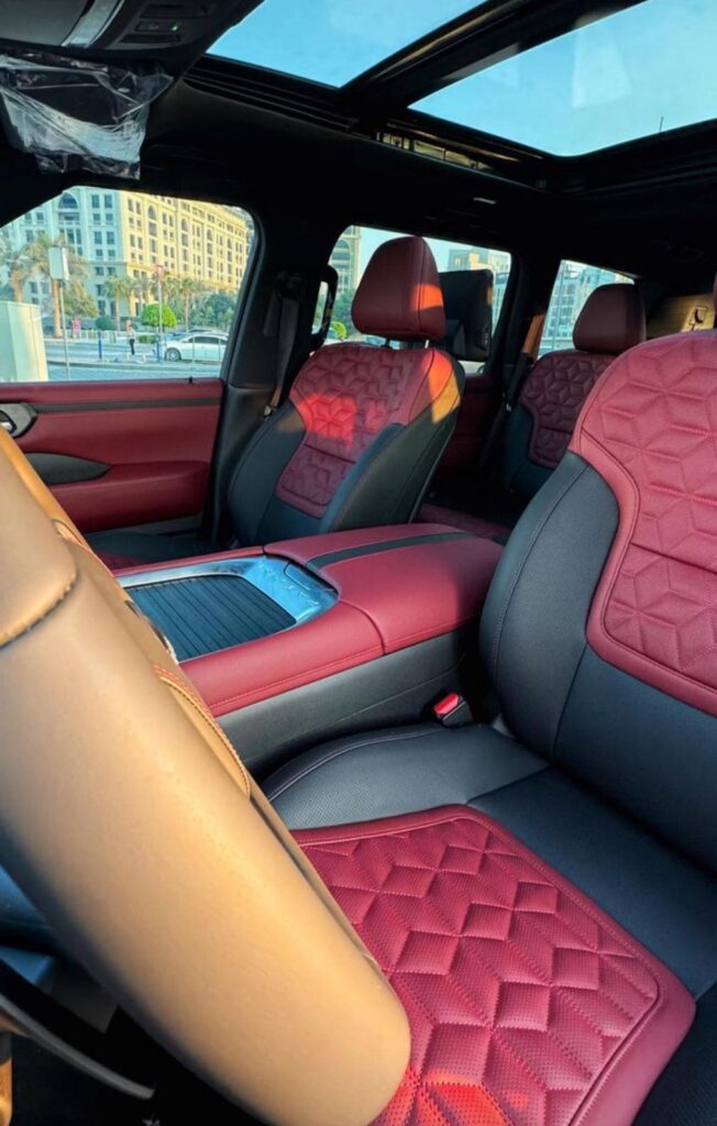 Interior Nissan Patrol White rental Dubai spacious leather cabin